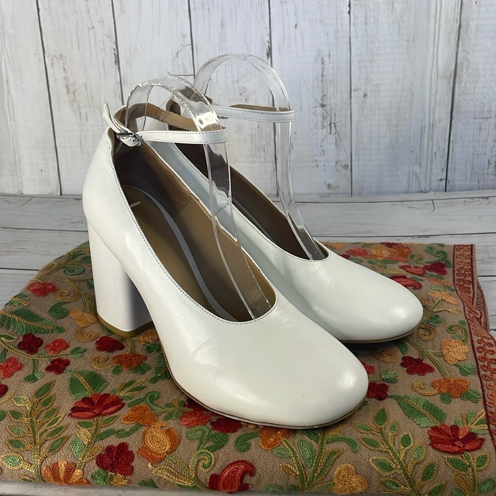 Marimekko White Block Heel Leather Ankle Strap Heels